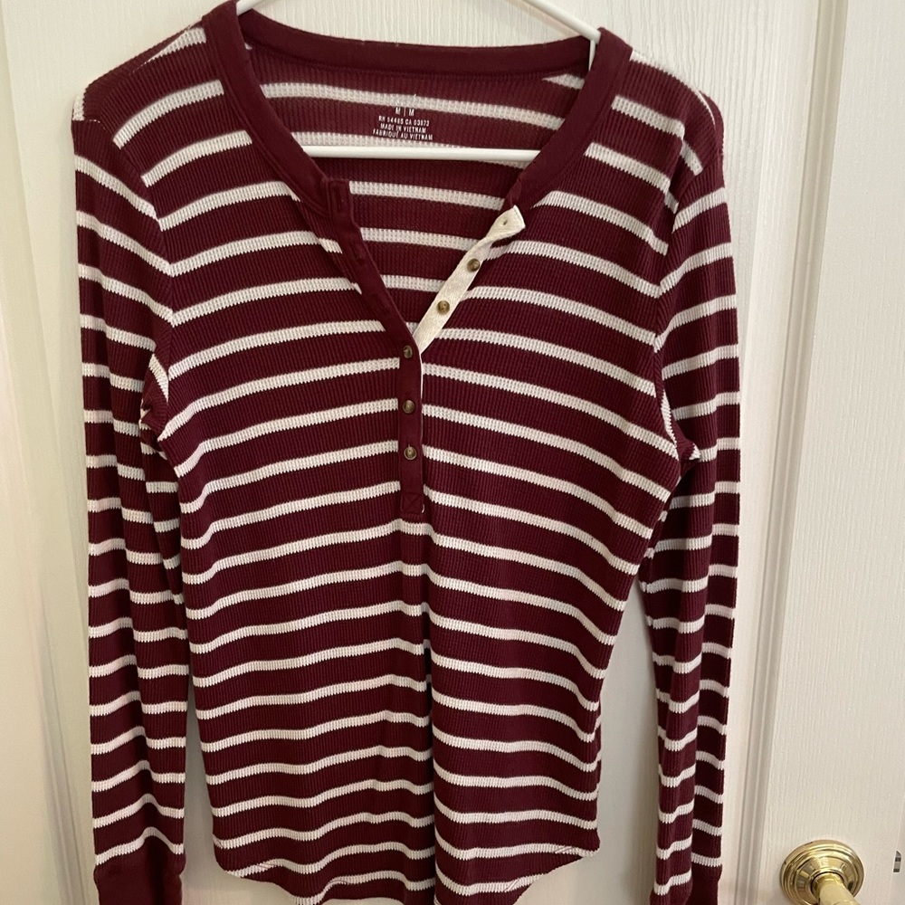 Maroon striped waffle print long sleeve